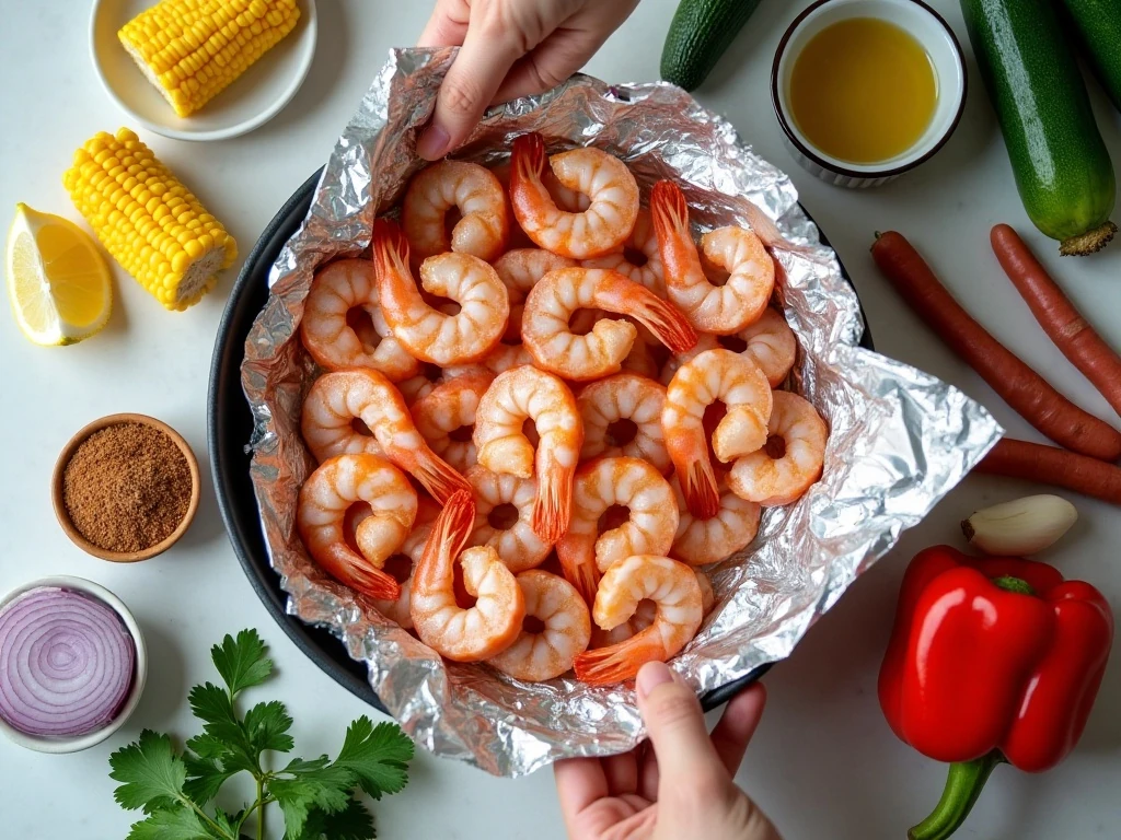 Ingredients for Cajun sausage shrimp foil packs