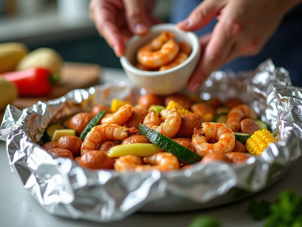 Preparing seasoned shrimp and vegetables for foil packets