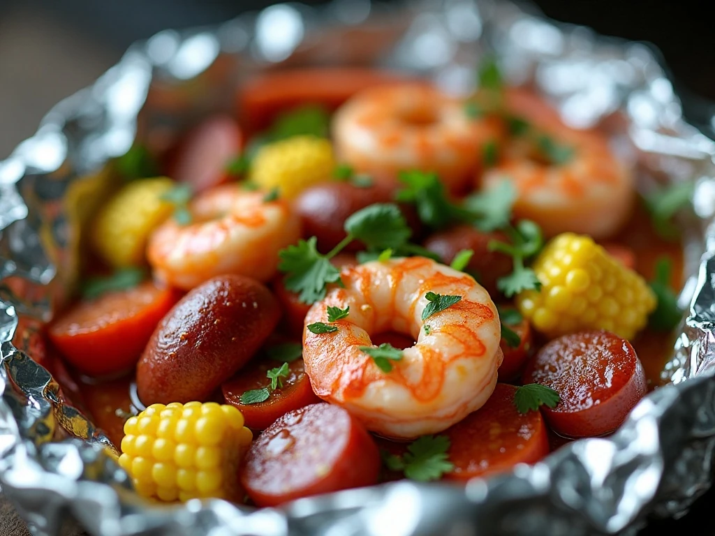 Close-up of Cajun shrimp foil pack garnished with parsley and lemon