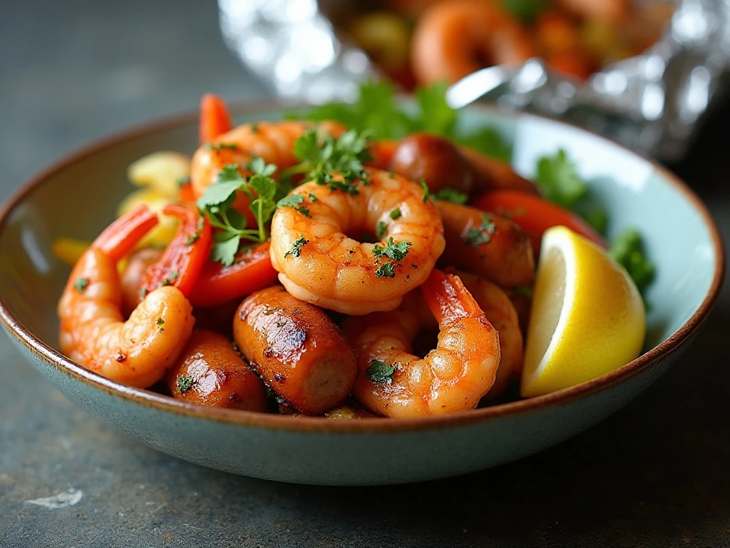 A serving of reheated Cajun sausage shrimp and vegetables