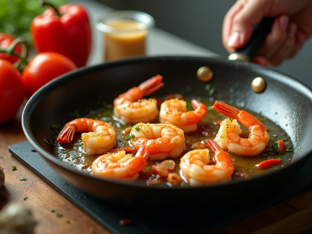 Shrimp and vegetables cooking for Cajun pasta