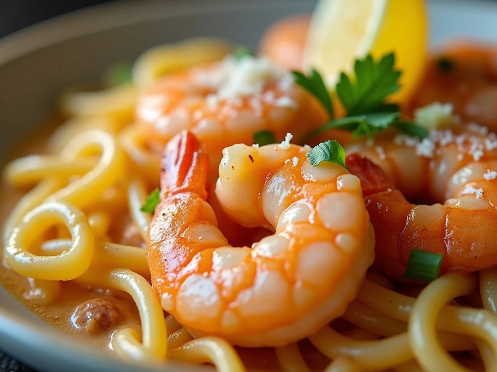 Close-up of garnished creamy Cajun shrimp pasta