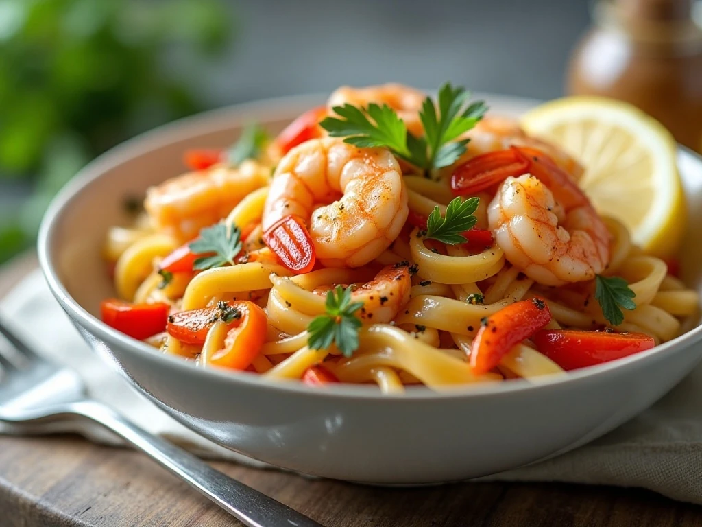 Creamy Cajun shrimp pasta with peppers, parsley, and lemon
