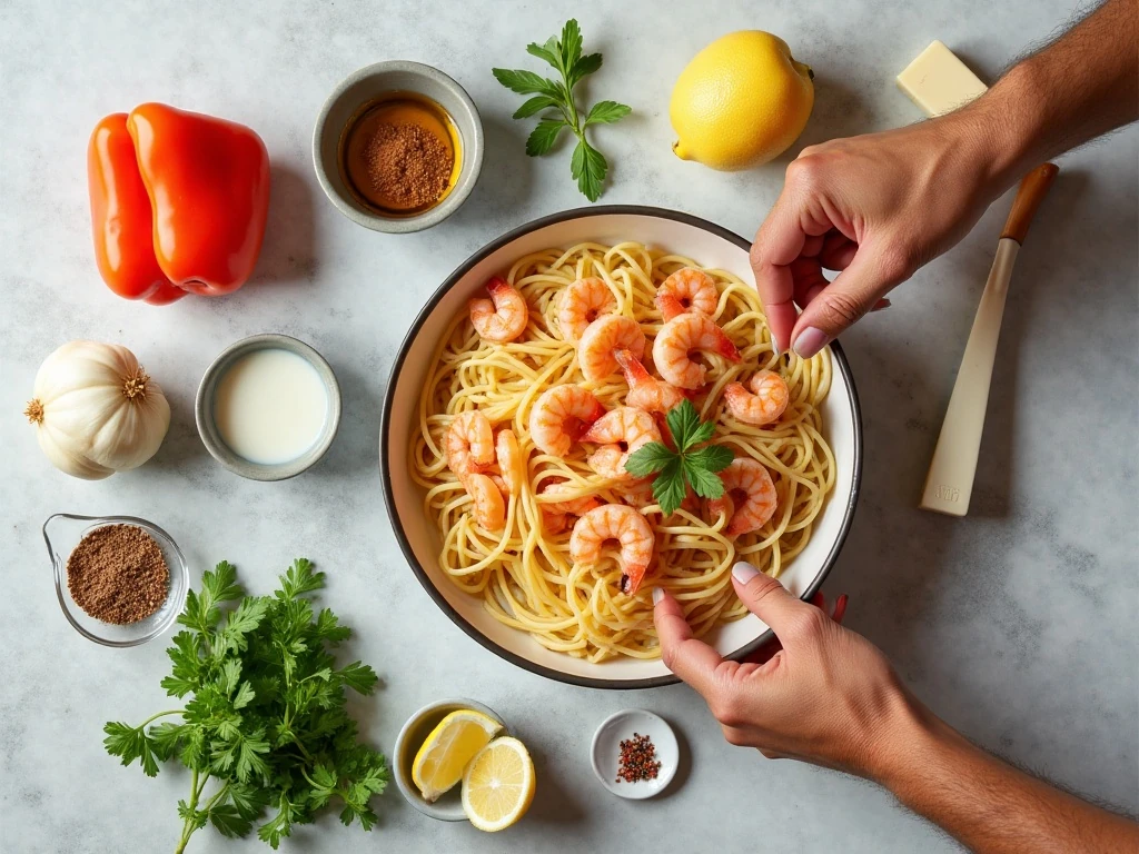 Ingredients for Cajun shrimp pasta arranged in a flat lay