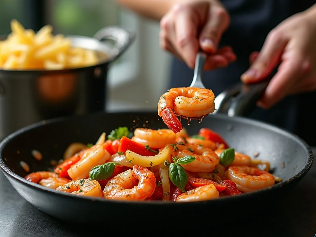 Shrimp and vegetables cooking for Cajun pasta