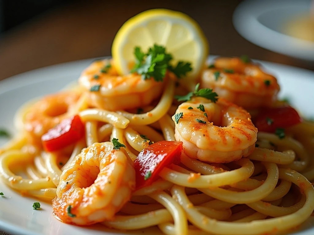 Cajun shrimp pasta garnished with parsley and lemon