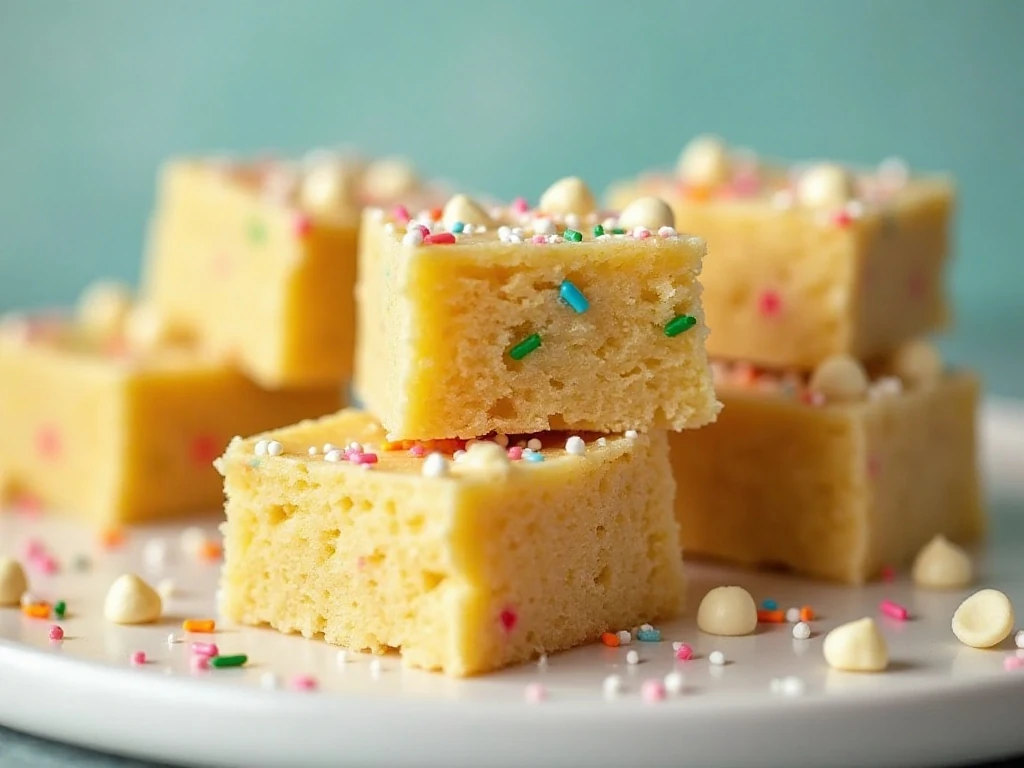 Stack of colorful cake batter brownies with white chocolate chips