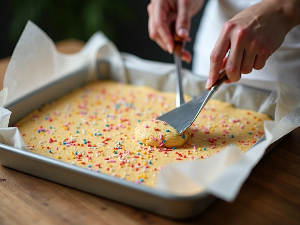 Pressing thick cake batter brownie dough into a baking pan