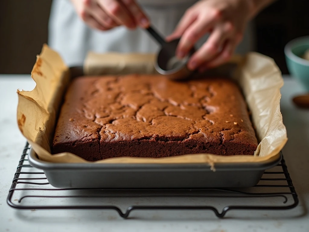 Cake batter brownies cooling in a pan before slicing