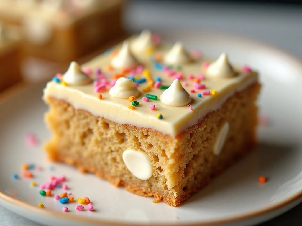 Close-up of a chewy sprinkle cake batter brownie