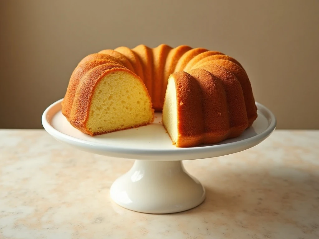 Golden cake mix butter cake sliced and served on a white cake stand
