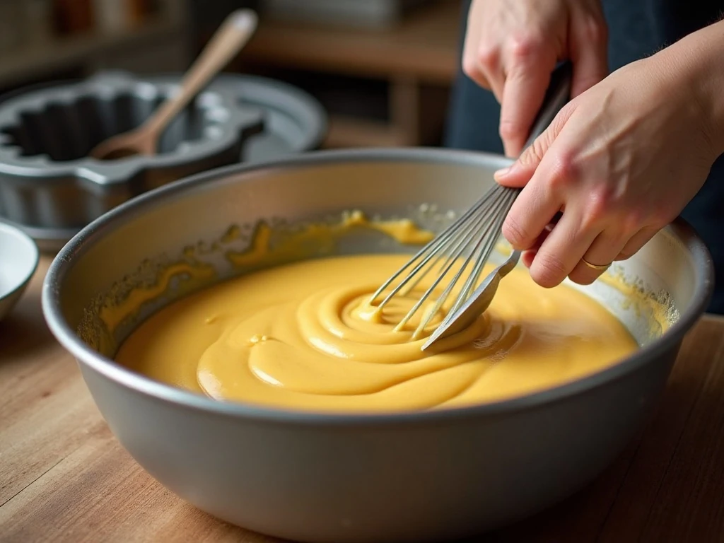 Mixing buttery cake batter before baking