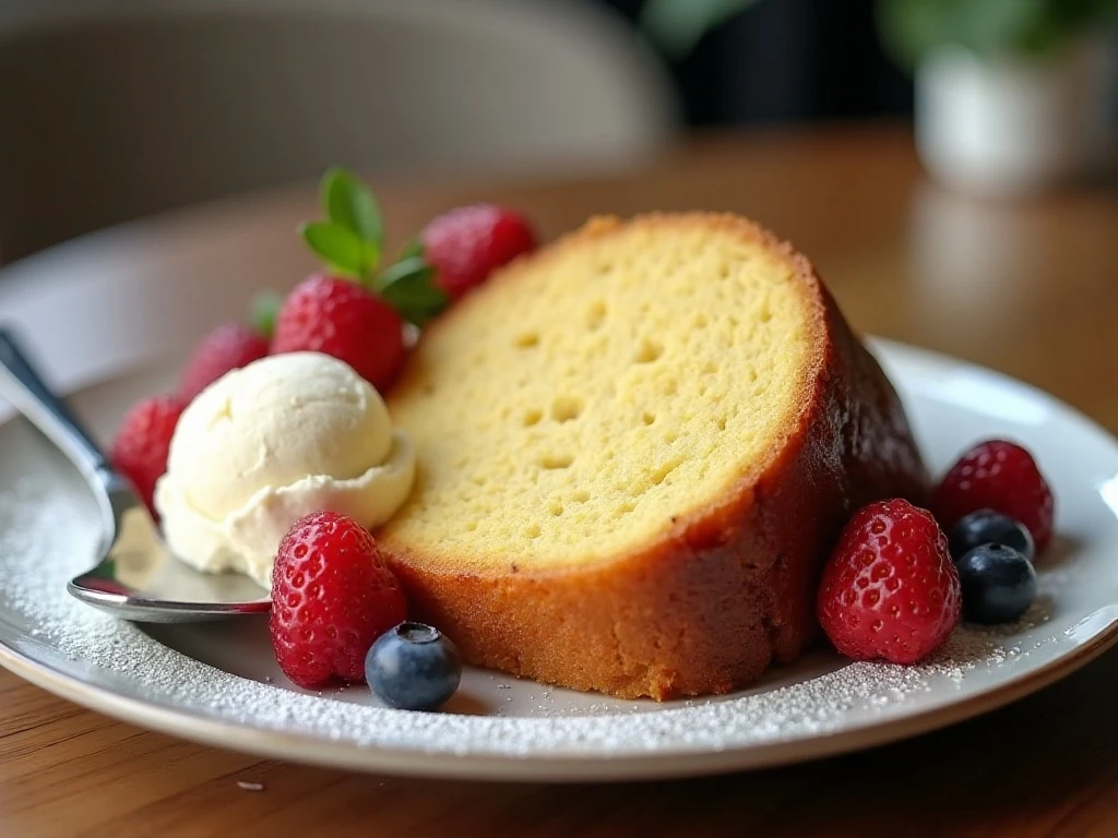 Butter cake served with berries whipped cream and ice cream