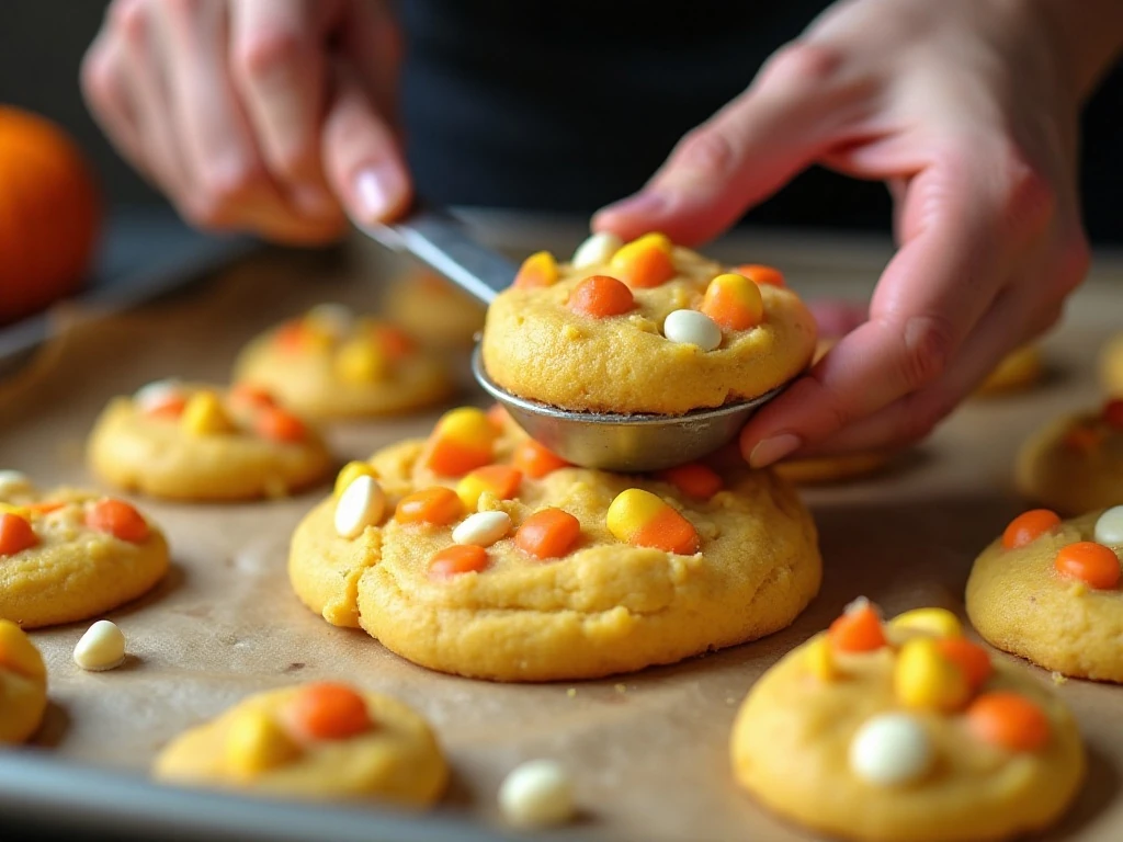 Scooping candy corn cookie dough onto a lined baking sheet