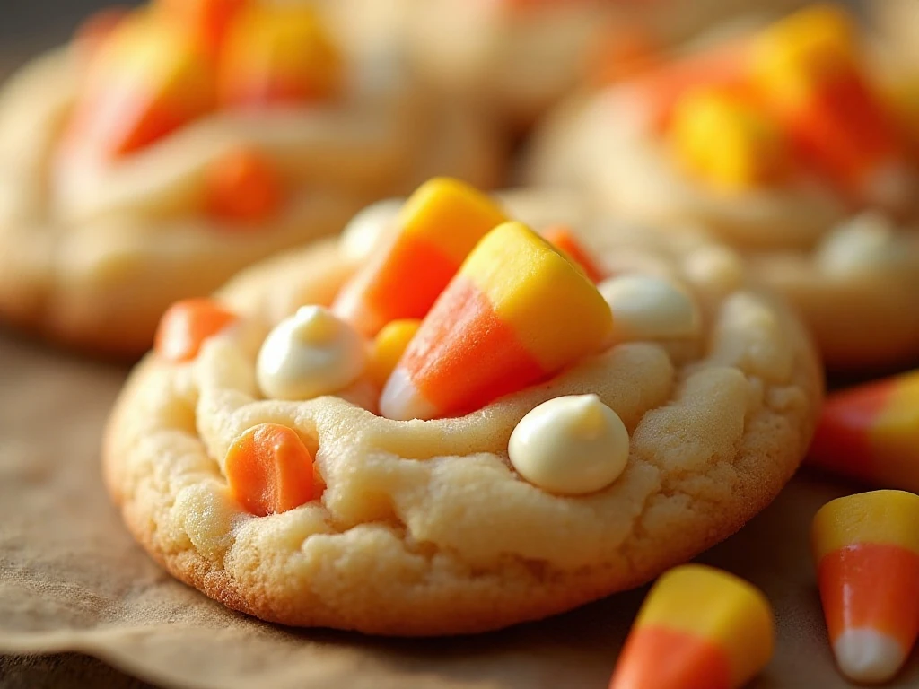 Close-up of candy corn and white chocolate cookie toppings