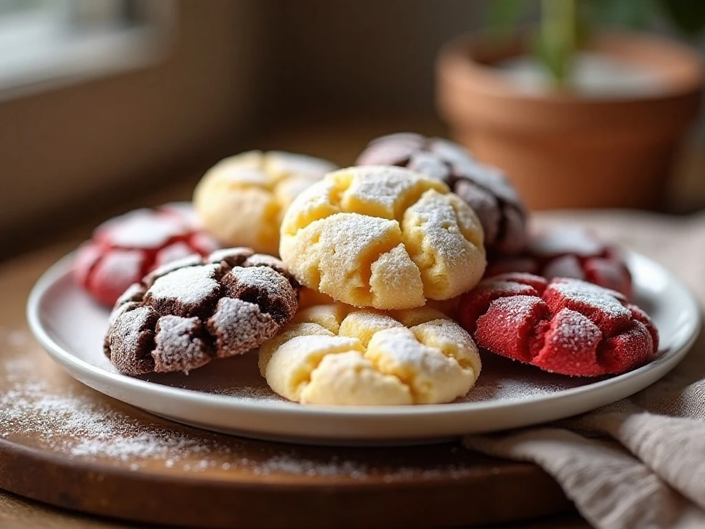 Assorted soft cake mix crinkle cookies with powdered sugar