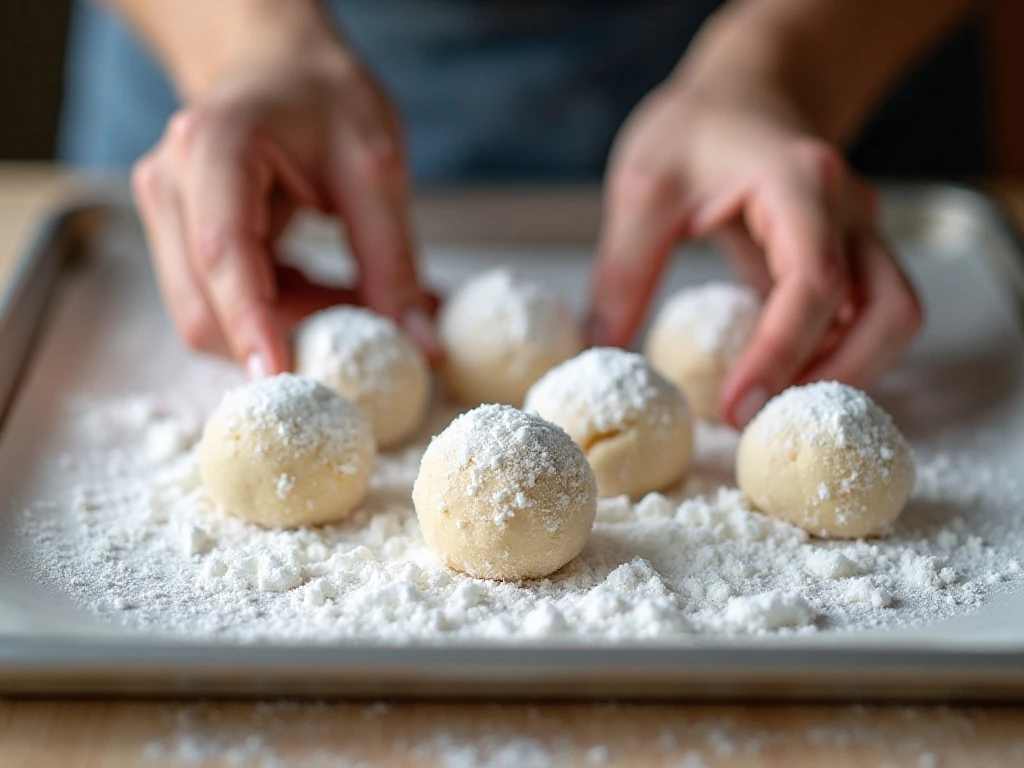 Rolling cake mix cookie dough balls in powdered sugar