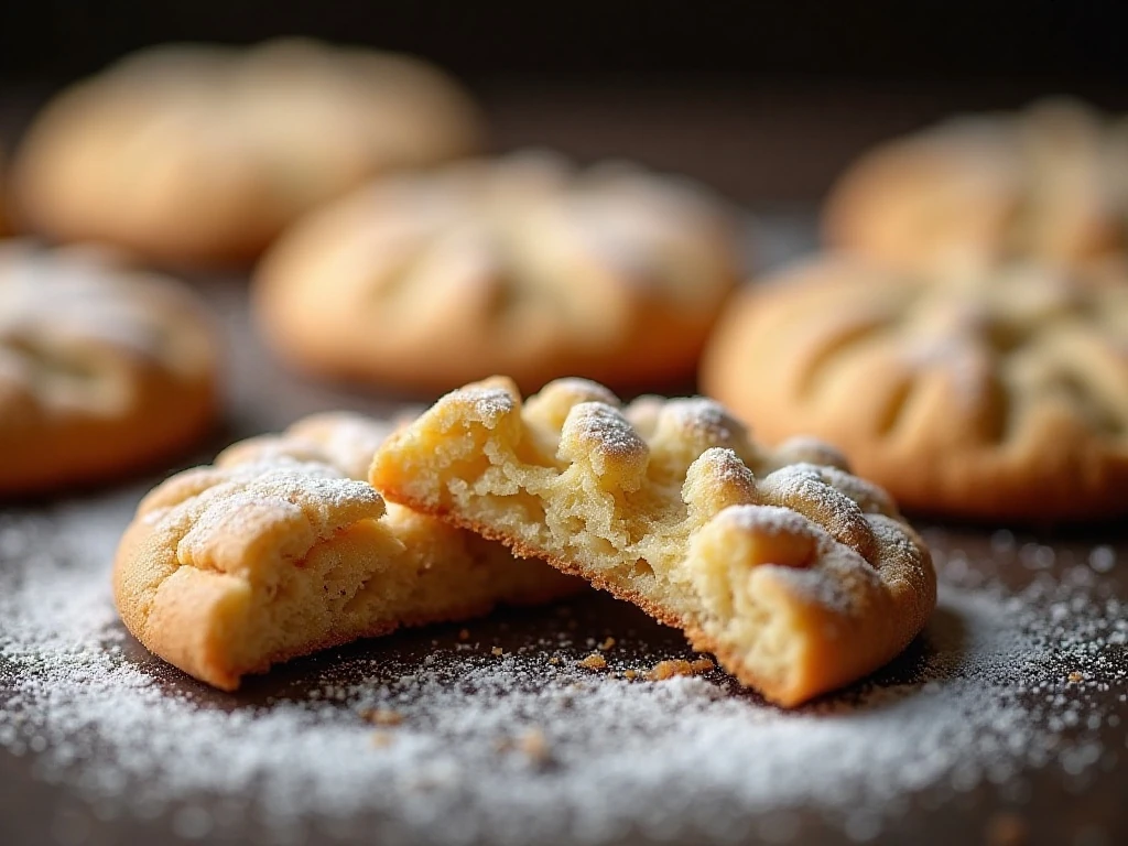 Close-up of a soft center and powdered sugar cracks