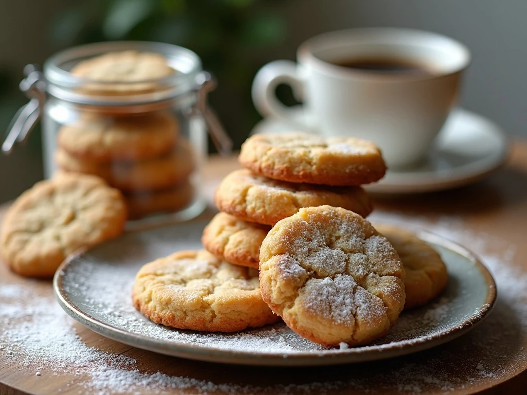 Cake mix crinkle cookies served with coffee and stored in a jar