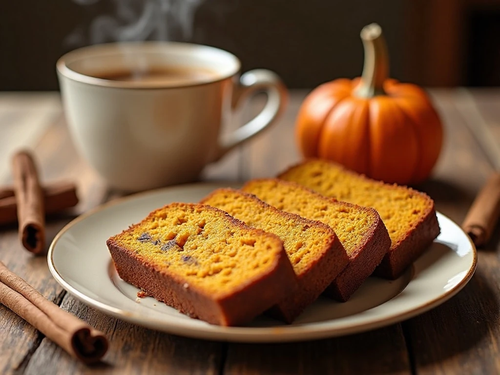 Slices of easy three-ingredient cake mix pumpkin bread served with coffee