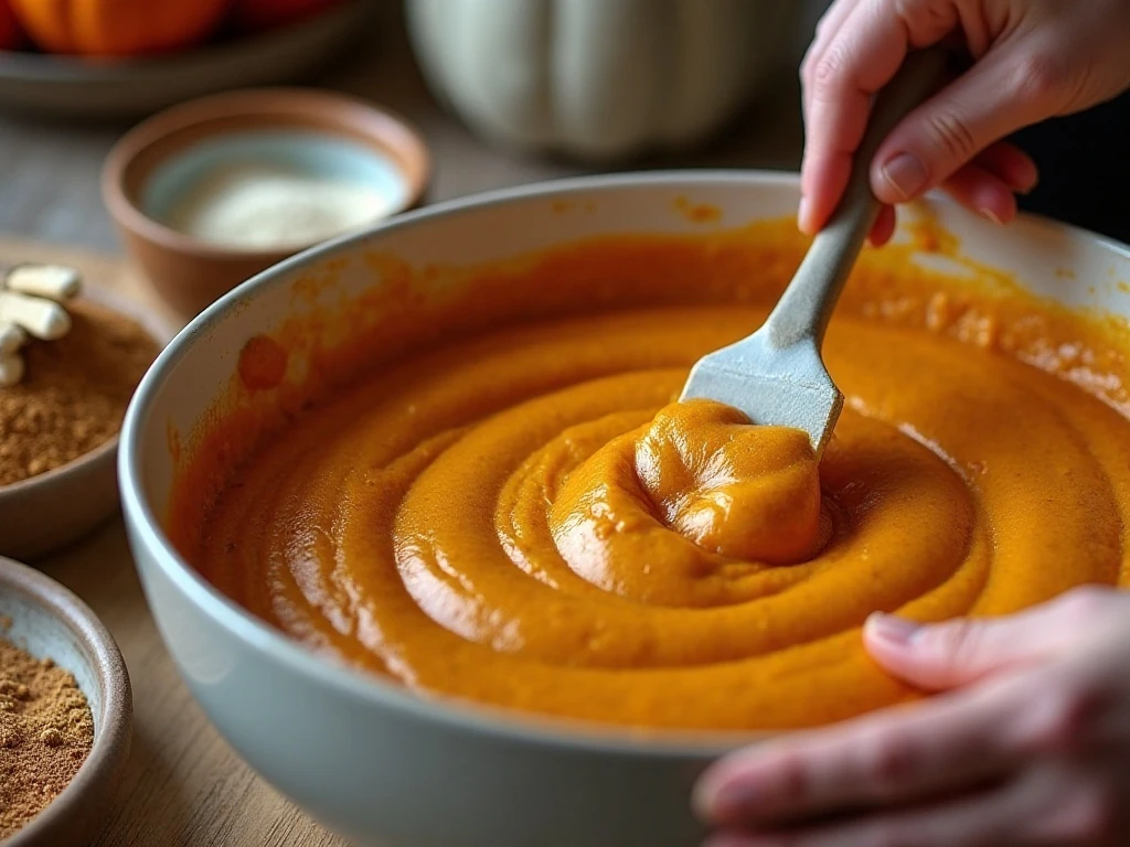 Thick pumpkin bread batter being mixed in a bowl