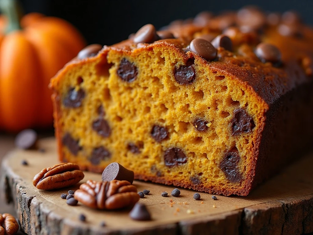 Pumpkin bread slice with chocolate chips and chopped pecans