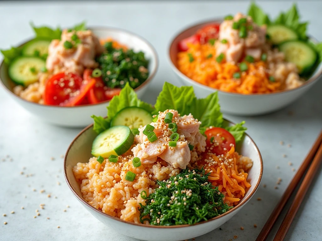Four bowls of colorful deconstructed California roll salad