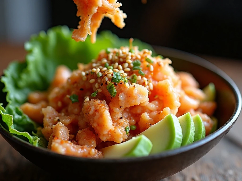 Crisp nori and sesame garnish on California roll salad