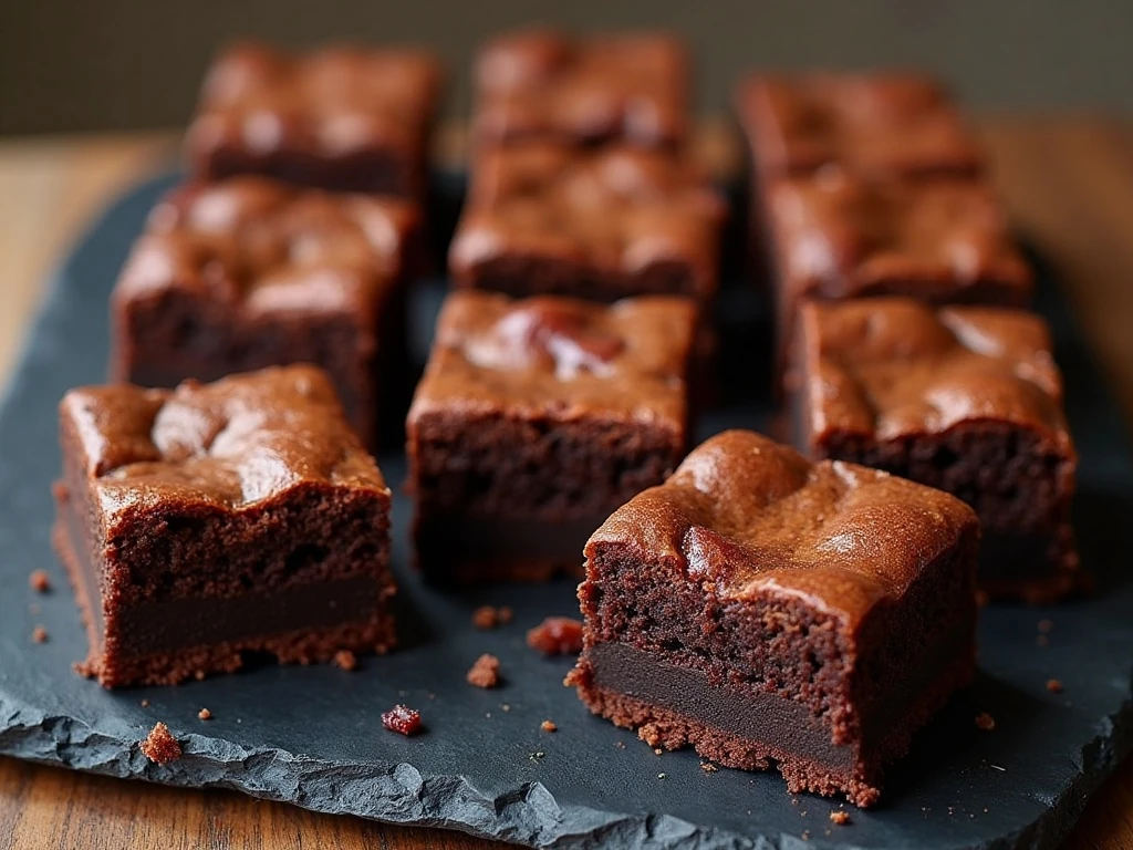 Fudgy candied bacon brownies arranged on a serving board