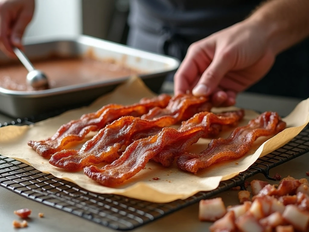 Crisp candied bacon prepared for brownie batter