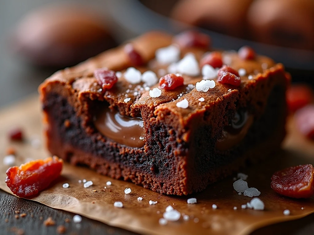 Close-up of fudgy brownie texture with candied bacon