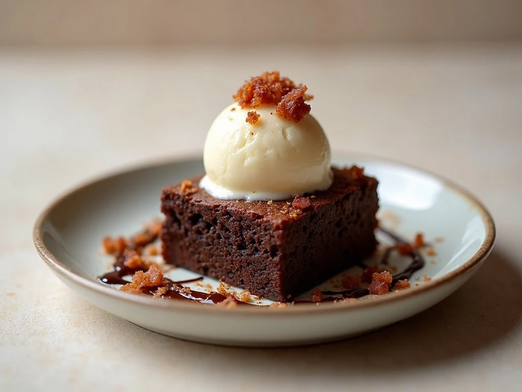 Candied bacon brownie served with vanilla ice cream