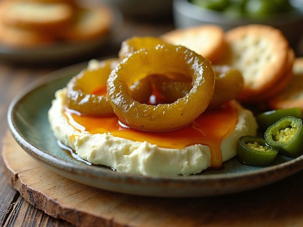 Candied jalapeños served over cream cheese with crackers