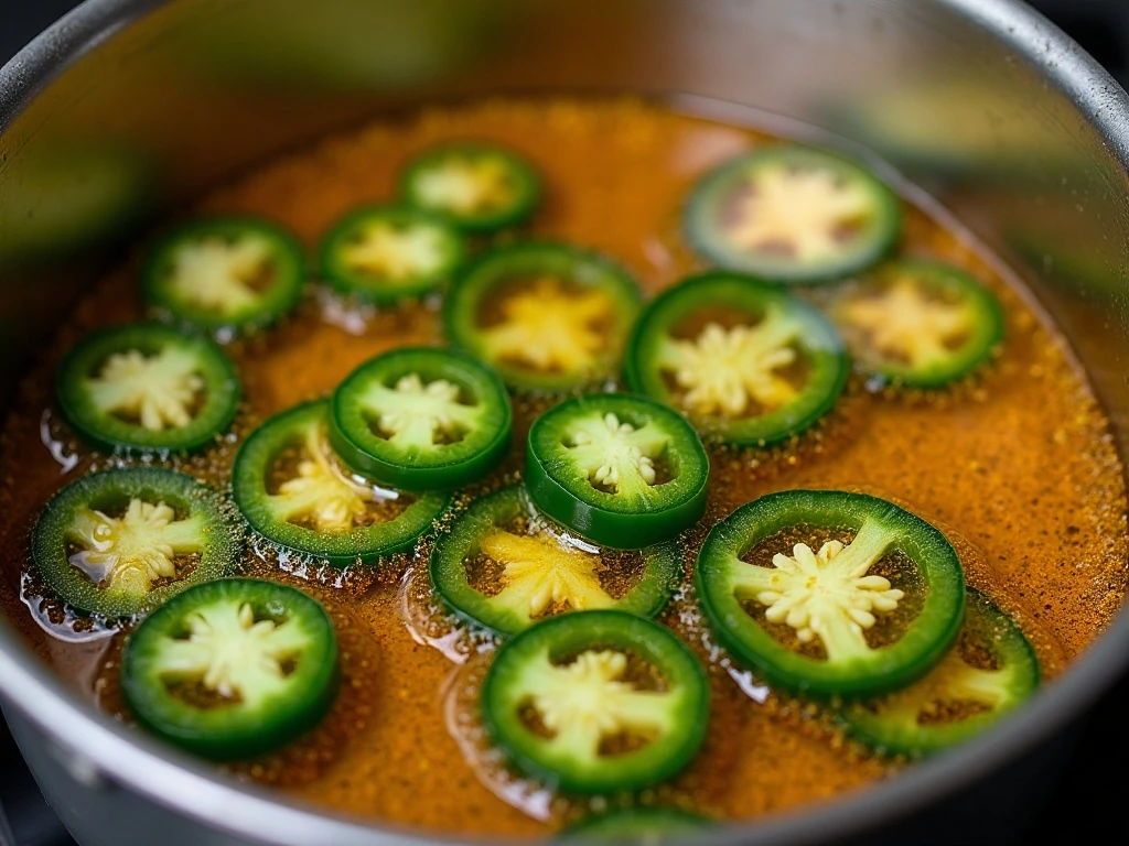 Jalapeño rings simmering in sweet vinegar syrup