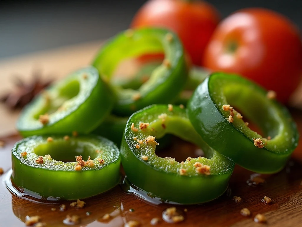 Glossy crisp candied jalapeño rings with spiced syrup
