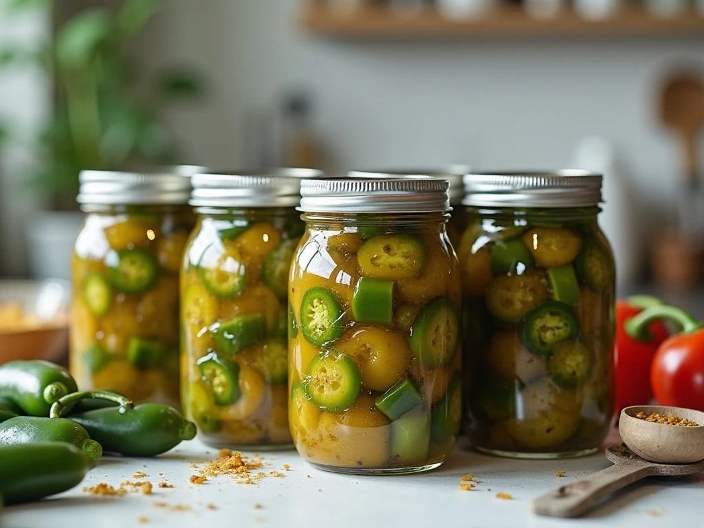 Jars of candied jalapeños prepared for storage