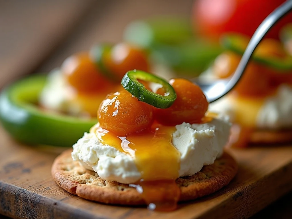 Candied jalapenos served over cream cheese with crackers