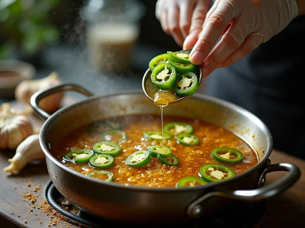 Jalapeno slices cooking in sweet and spicy syrup
