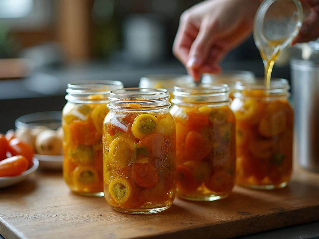 Half-pint jars of cowboy candy prepared for canning
