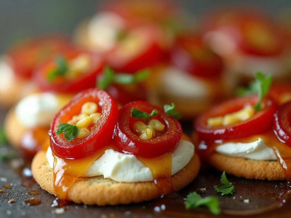 Glossy candied jalapeno rounds on cream cheese and crackers