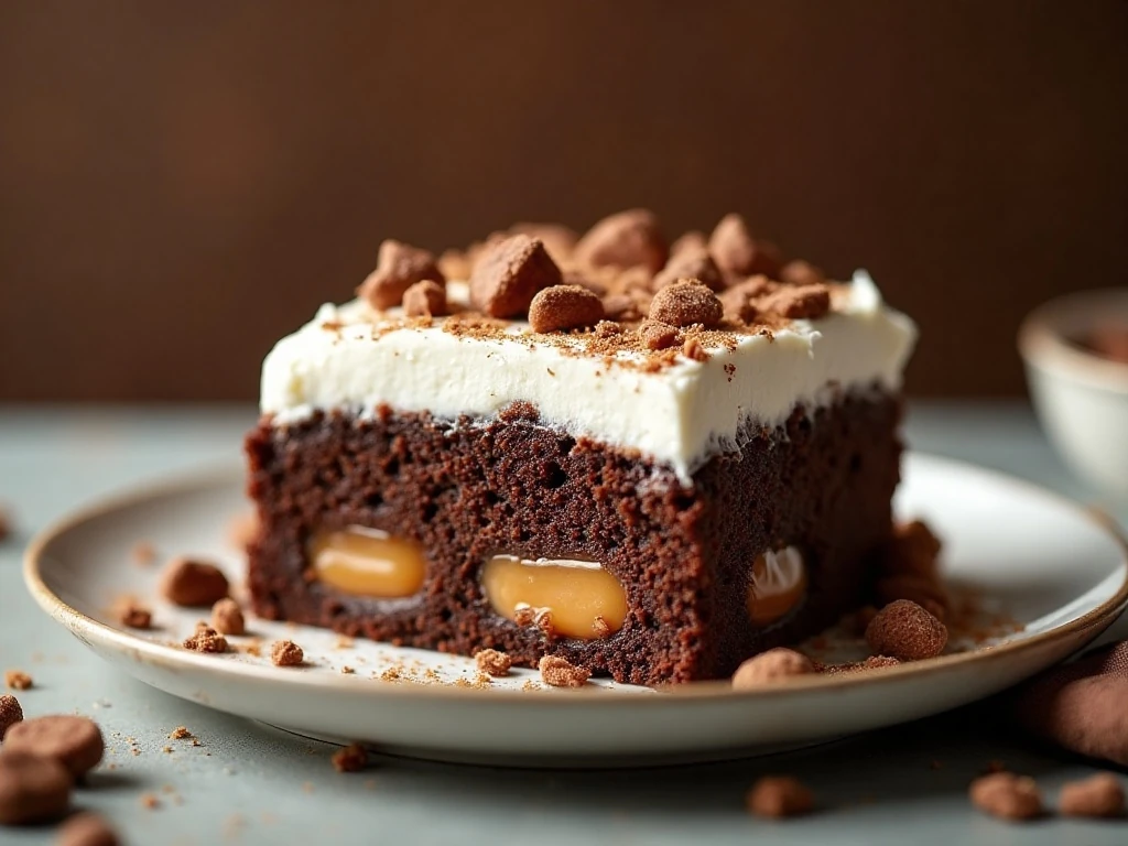 Slice of moist chocolate candy bar poke cake with caramel and whipped topping
