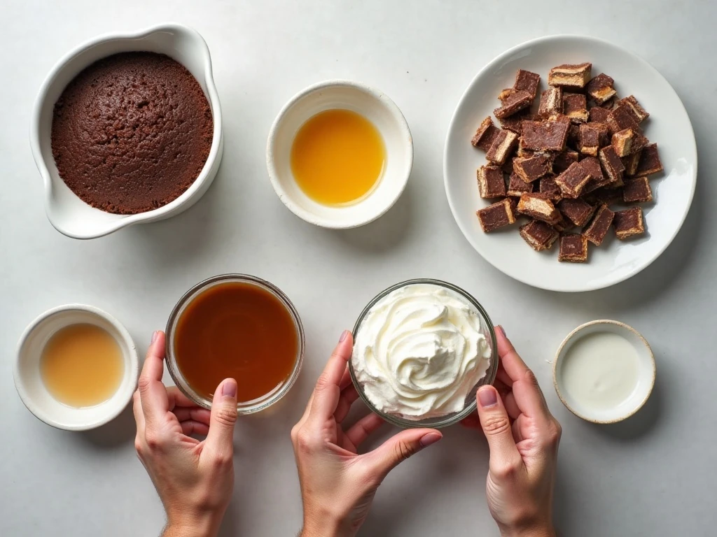 Ingredients for easy candy bar poke cake arranged on a countertop