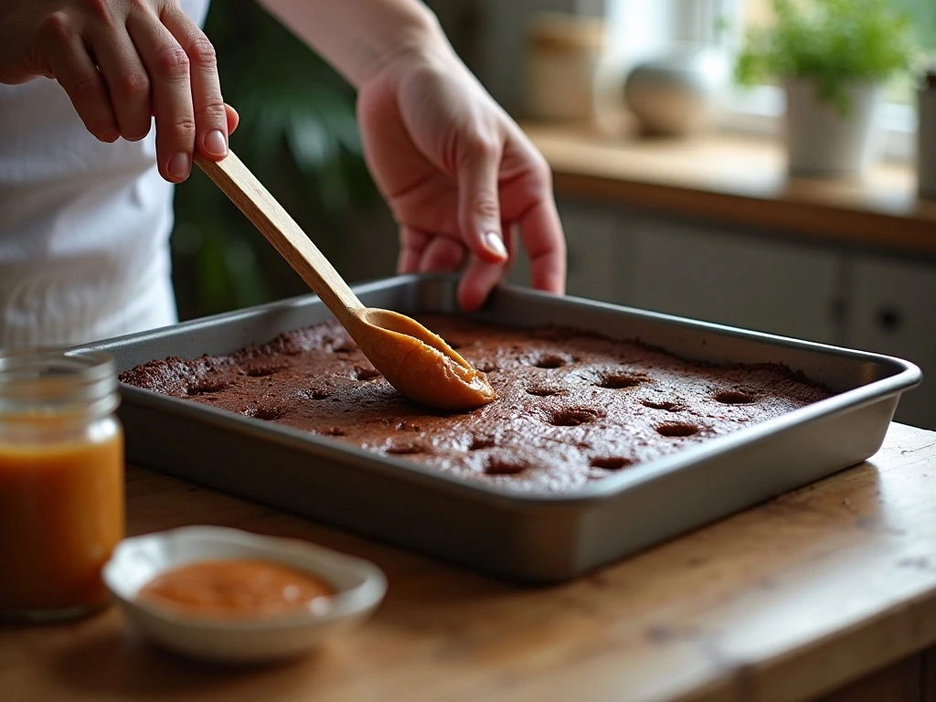 Making holes in a warm chocolate cake for a poke cake filling