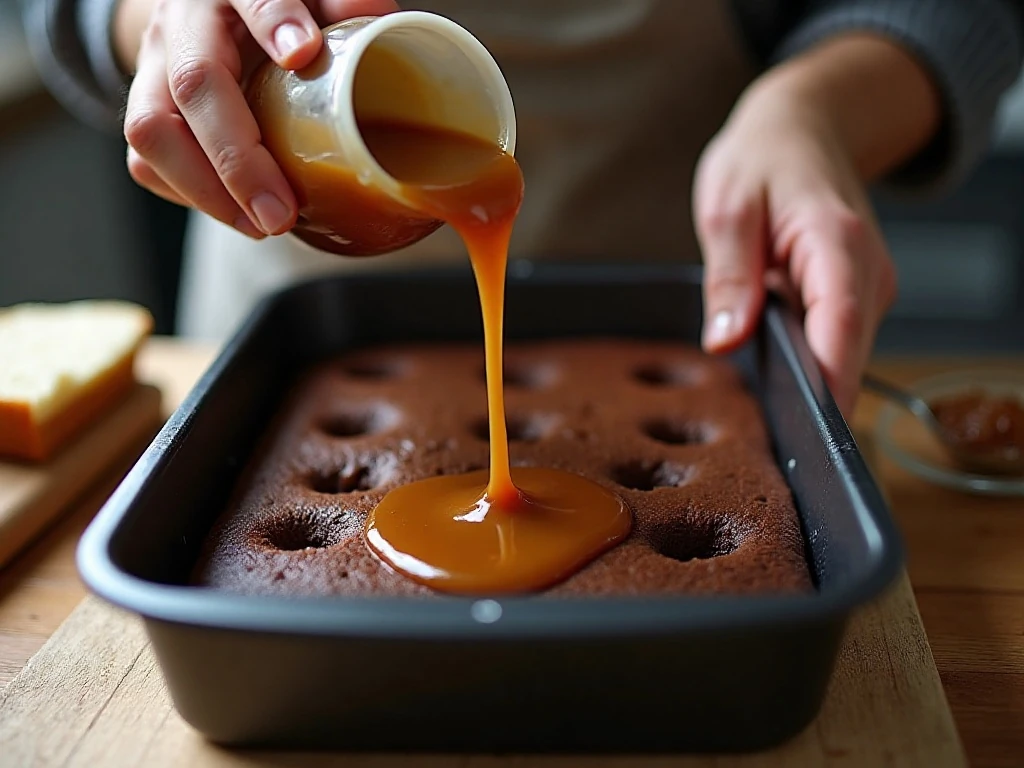 Pouring condensed milk and caramel into chocolate poke cake holes