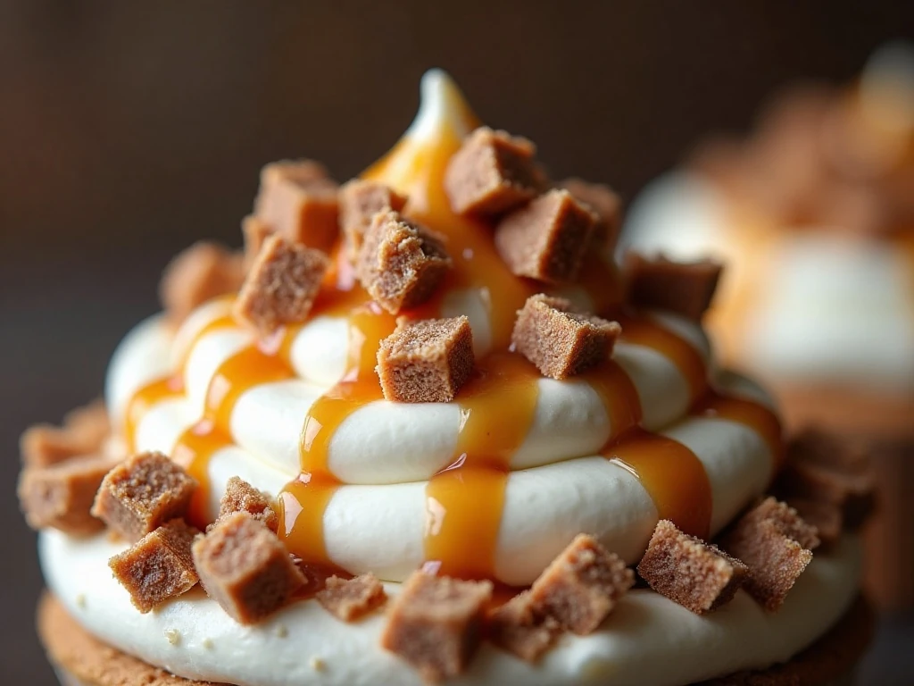 Chopped candy bars and caramel garnish on whipped topping