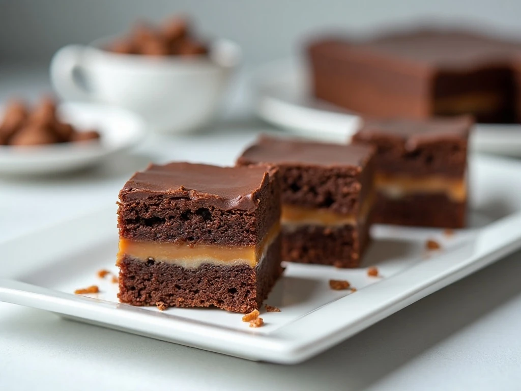 Chilled candy bar poke cake squares ready to serve