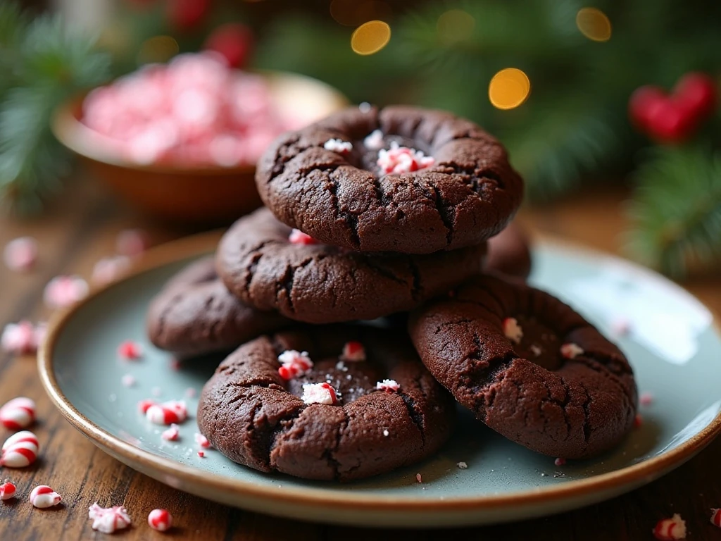 Stack of chewy chocolate candy cane cookies with soft centers