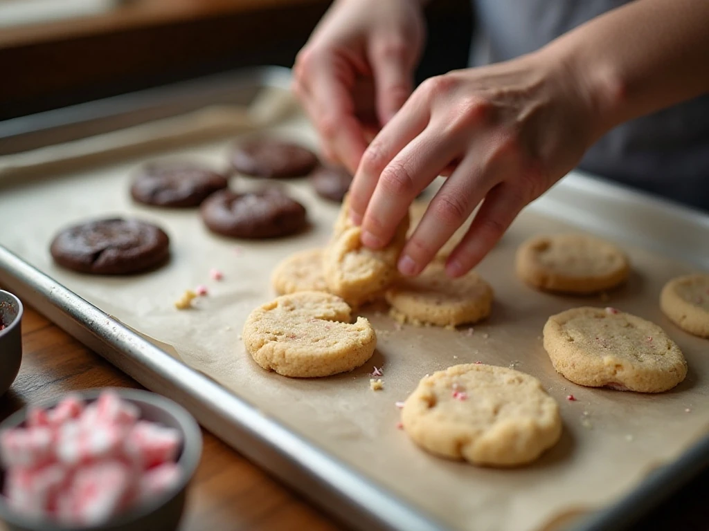 Portioning chocolate candy cane cookie dough onto a baking sheet