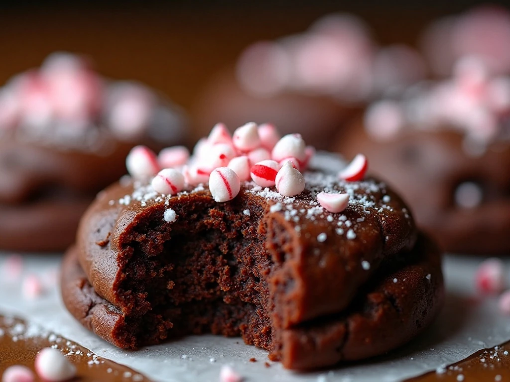 Close-up of soft cookie center and crushed peppermint topping