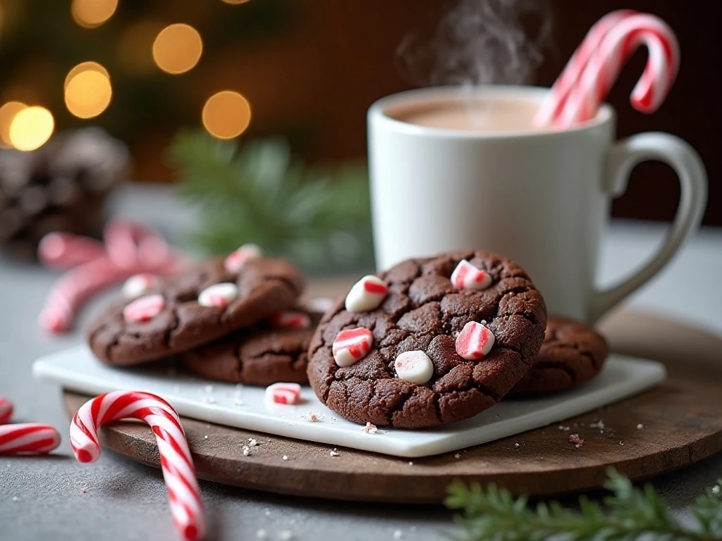 Chocolate peppermint cookies served with hot cocoa